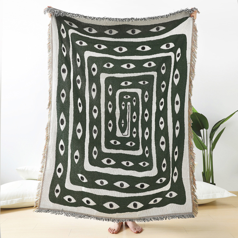 Green White Evil Eye Jacquard  - Boho Throw Blanket Fringe 评论和价格