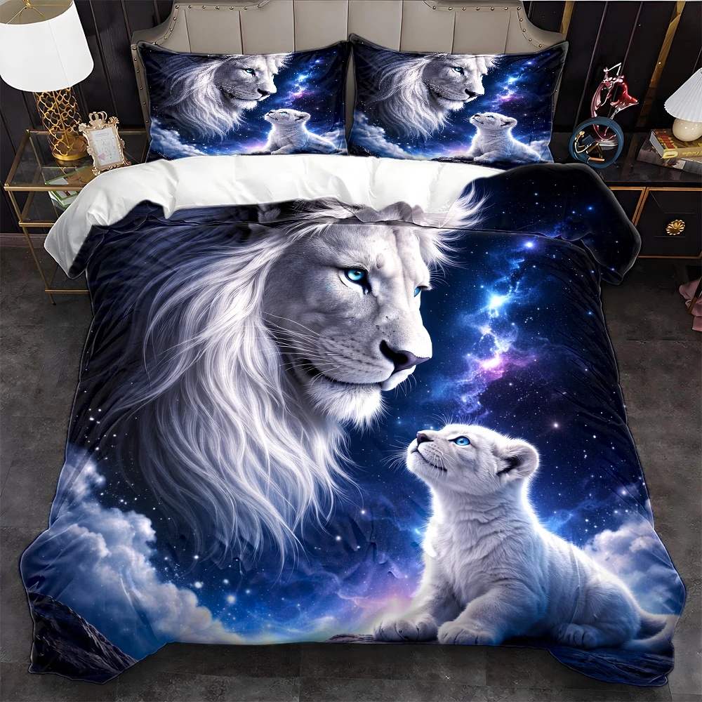 3Pc Starry Sky Lion Parent-Chi - Duvet Cover Sets With Zipper 评论和价格