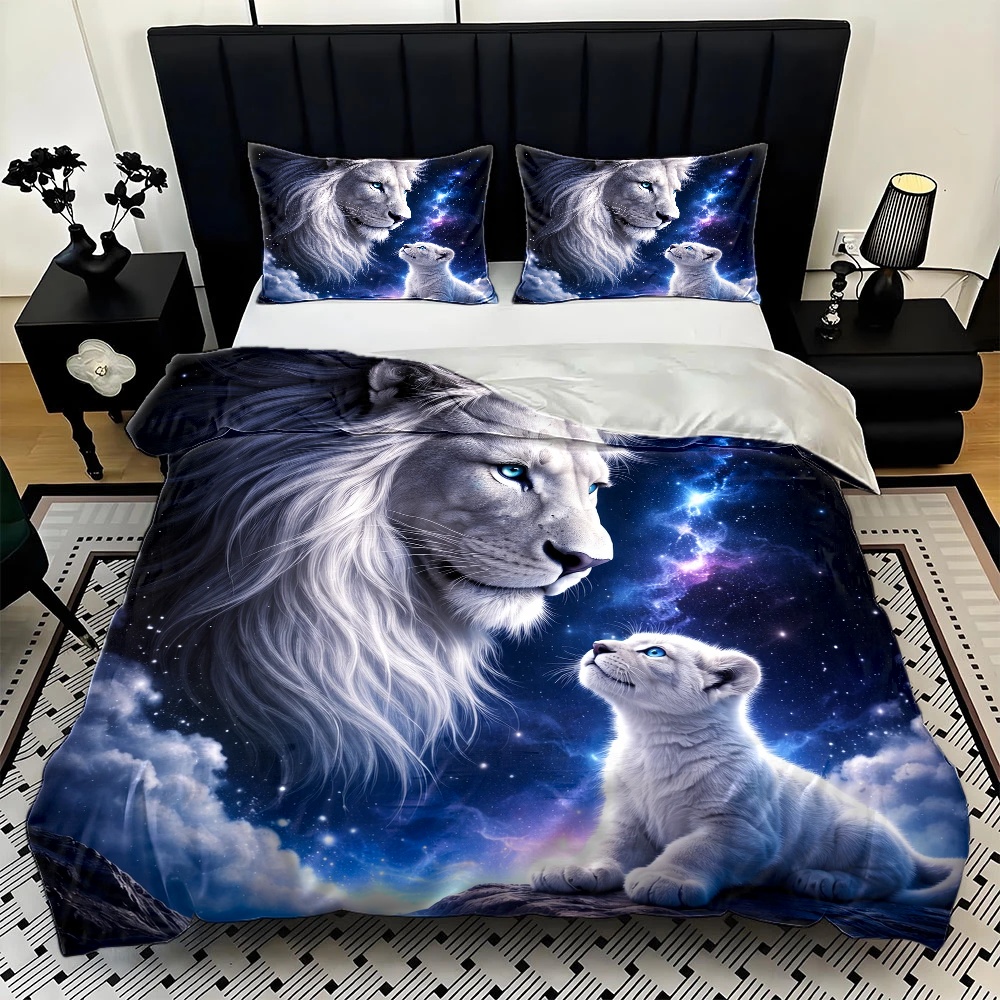 3Pc Starry Sky Lion Parent-Chi - Duvet Cover Sets With Zipper 评论和价格