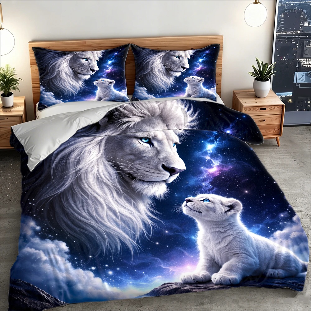 3Pc Starry Sky Lion Parent-Chi - Duvet Cover Sets With Zipper 评论和价格