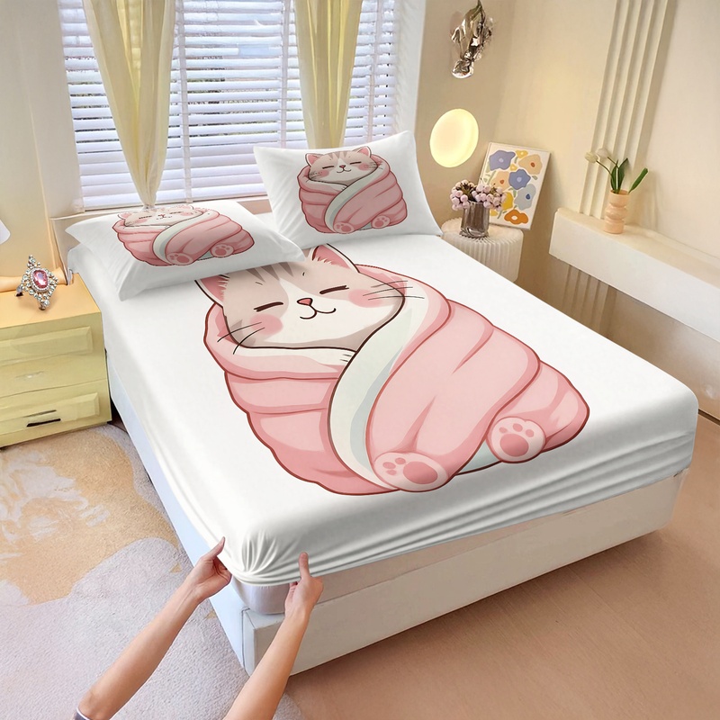 Cute Cat Print Fitted Sheet Se - Fitted Bed Sheets Deep Pocket 评论和价格