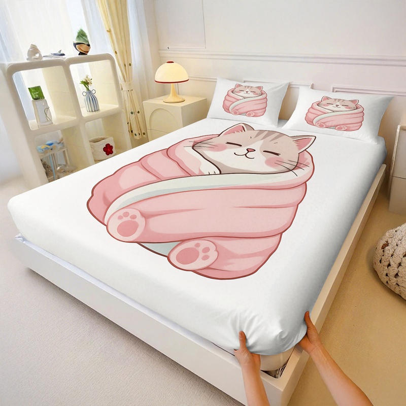 Cute Cat Print Fitted Sheet Se - Fitted Bed Sheets Deep Pocket 评论和价格