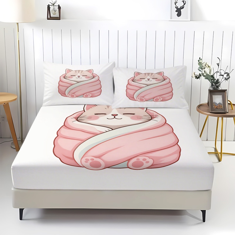 Cute Cat Print Fitted Sheet Se - Fitted Bed Sheets Deep Pocket 评论和价格