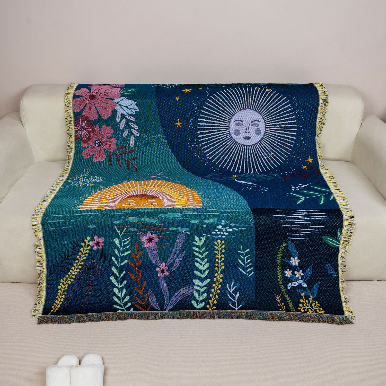 Celestial Sun Moon Woven Tapes - Boho Throw Blanket Fringe 评论和价格