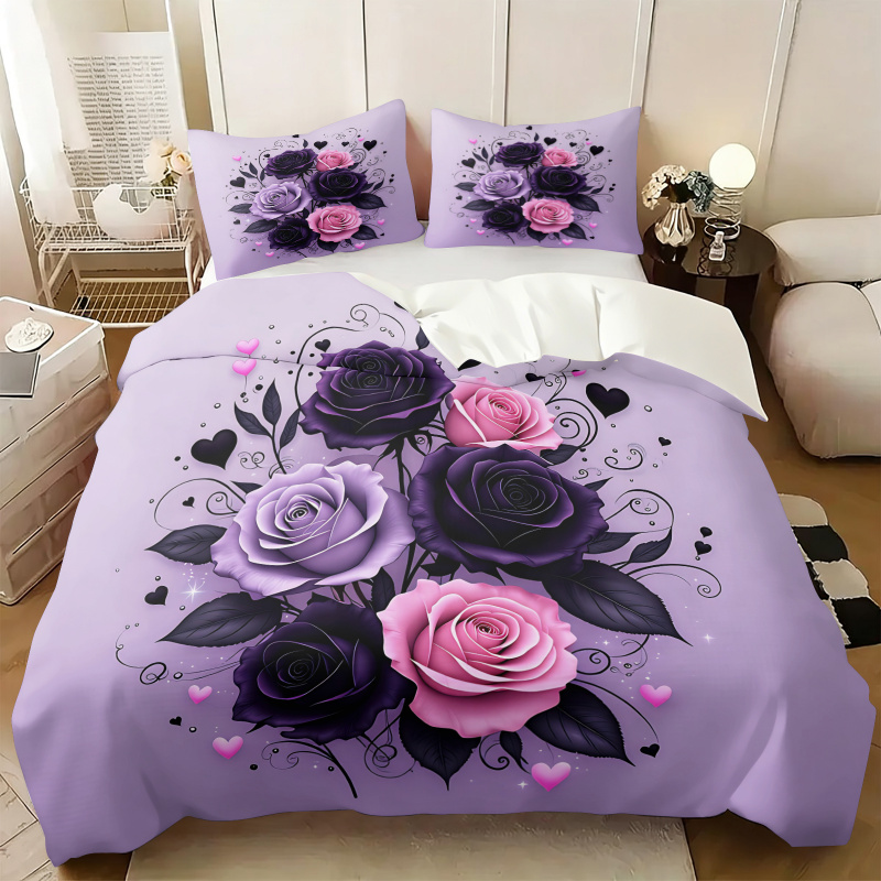 Purple Black Pink Rose Heart D - Aesthetic Floral Duvet Cover 评论和价格