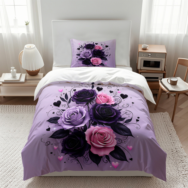 Purple Black Pink Rose Heart D - Aesthetic Floral Duvet Cover 评论和价格