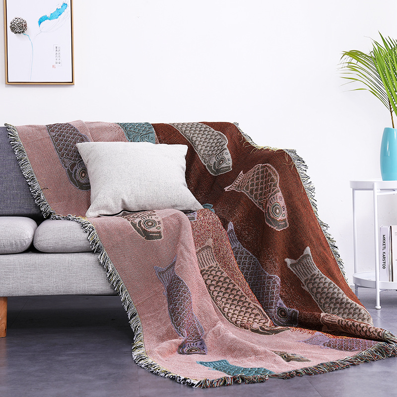 Koi Fish Jacquard Woven Throw  - Boho Throw Blanket Fringe 评论和价格