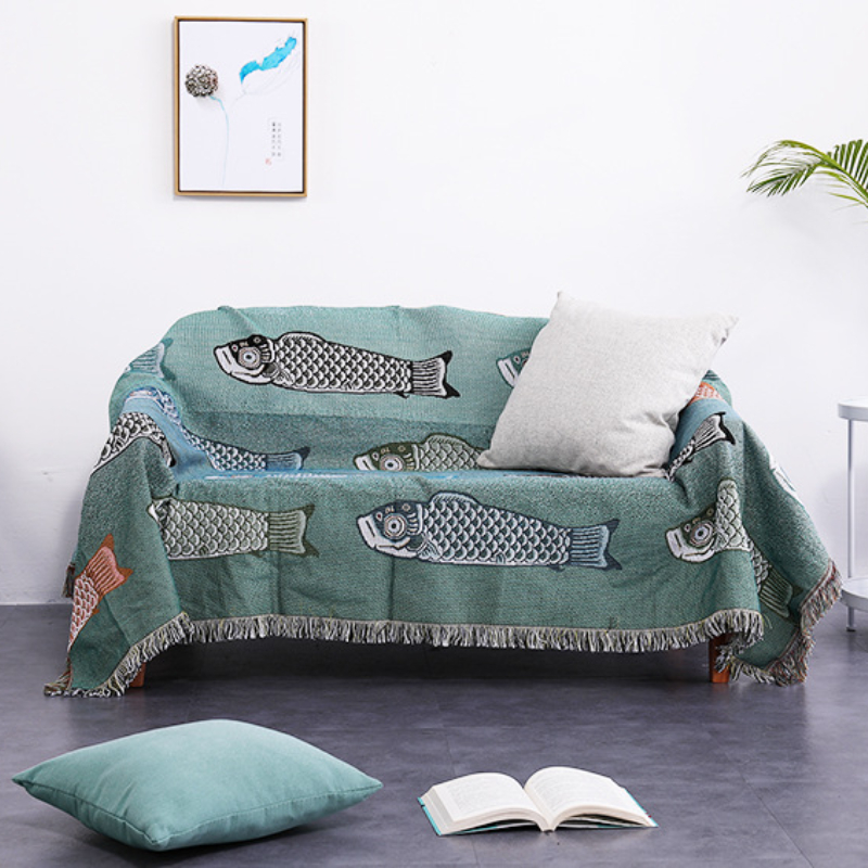 Koi Fish Jacquard Woven Throw  - Boho Throw Blanket Fringe 评论和价格