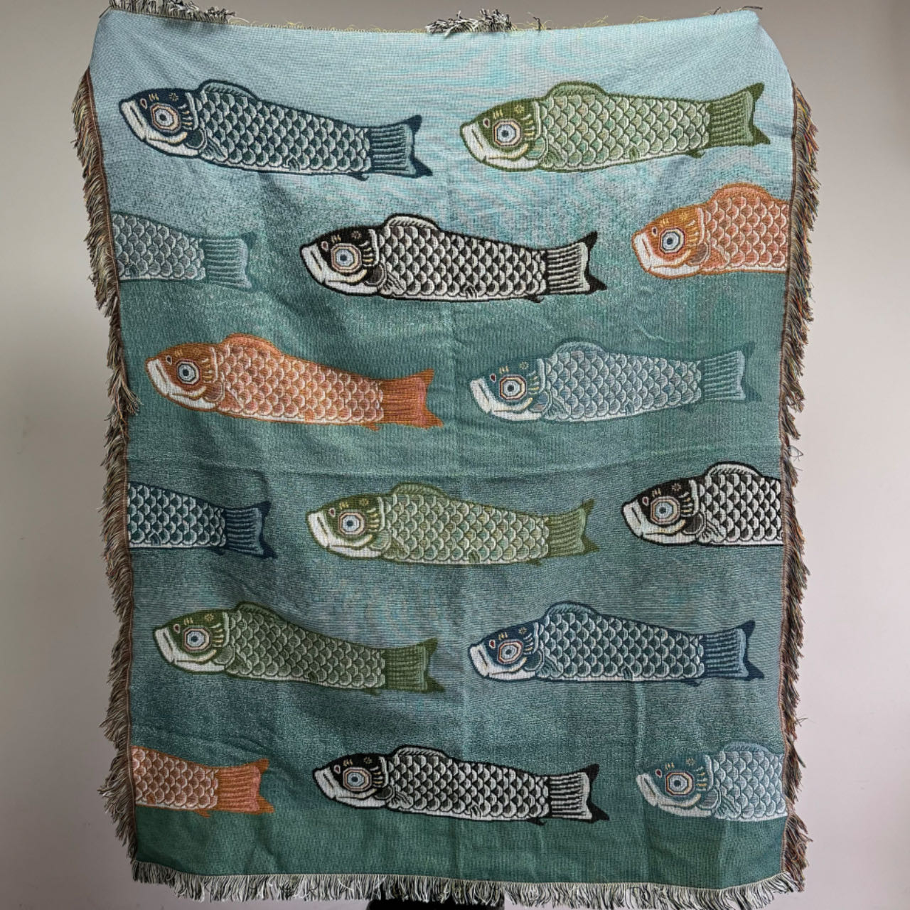 Koi Fish Jacquard Woven Throw  - Boho Throw Blanket Fringe 评论和价格