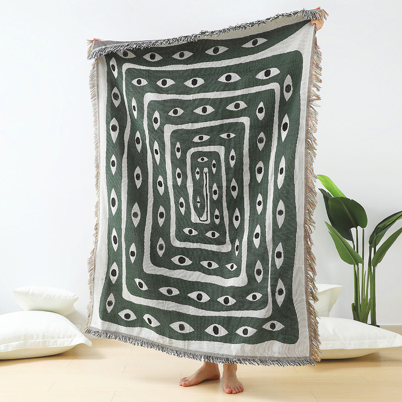 Green White Evil Eye Jacquard  - Boho Throw Blanket Fringe 评论和价格
