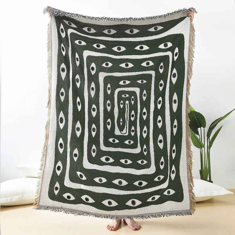 Green White Evil Eye Jacquard  - Boho Throw Blanket Fringe 评论和价格